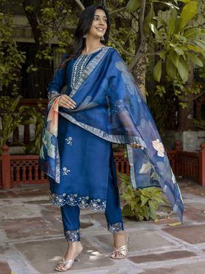 Blue embroidered viscose roman silk salwar suit 2