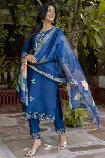 Blue embroidered viscose roman silk salwar suit