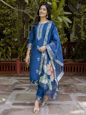 Blue embroidered viscose roman silk salwar suit 3