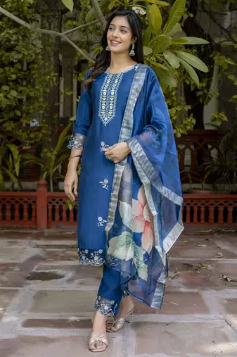 Blue embroidered viscose roman silk salwar suit