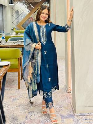 Blue embroidered viscose roman silk salwar suit 1
