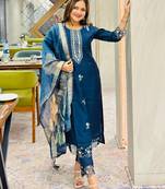 Blue embroidered viscose roman silk salwar suit