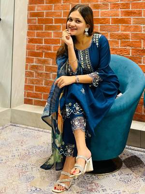 Blue embroidered viscose roman silk salwar suit 2