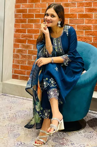 Blue embroidered viscose roman silk salwar suit