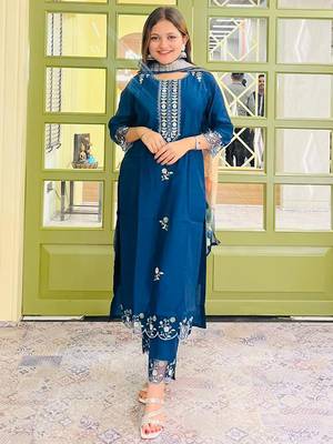 Blue embroidered viscose roman silk salwar suit 3