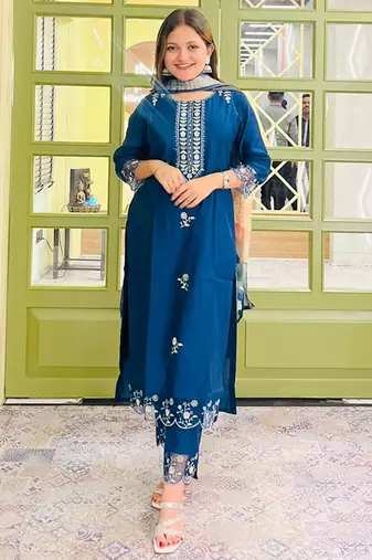 Blue embroidered viscose roman silk salwar suit