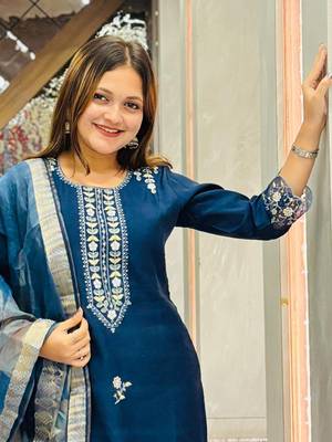 Blue embroidered viscose roman silk salwar suit 4