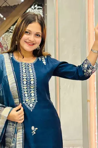 Blue embroidered viscose roman silk salwar suit
