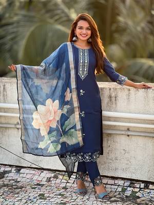 Blue embroidered viscose roman silk salwar suit 1