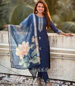 Blue embroidered viscose roman silk salwar suit