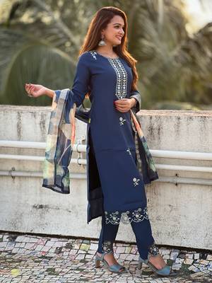 Blue embroidered viscose roman silk salwar suit 2