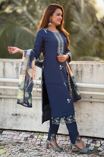 Blue embroidered viscose roman silk salwar suit