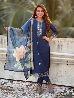 Blue embroidered viscose roman silk salwar suit 3