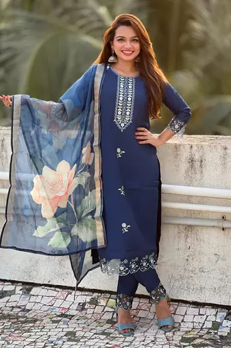 Blue embroidered viscose roman silk salwar suit