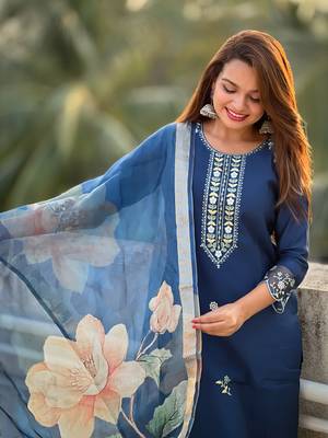 Blue embroidered viscose roman silk salwar suit 4