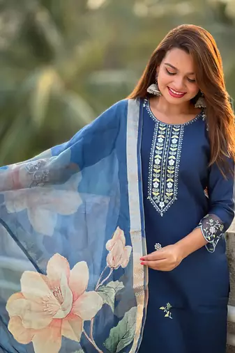 Blue embroidered viscose roman silk salwar suit