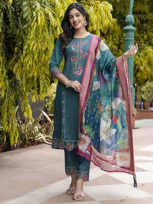 Green embroidered viscose roman silk salwar suit 1