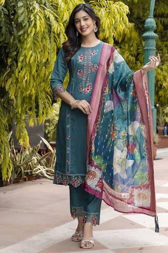 Green embroidered viscose roman silk salwar suit