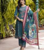 Green embroidered viscose roman silk salwar suit
