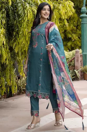Green embroidered viscose roman silk salwar suit