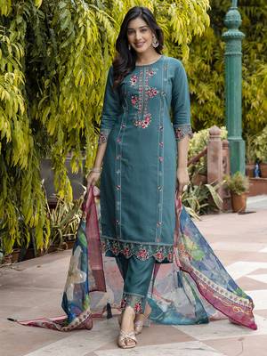 Green embroidered viscose roman silk salwar suit 3