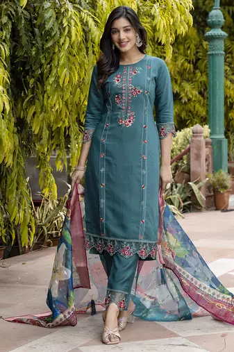 Green embroidered viscose roman silk salwar suit