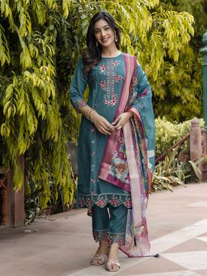 Green embroidered viscose roman silk salwar suit 4