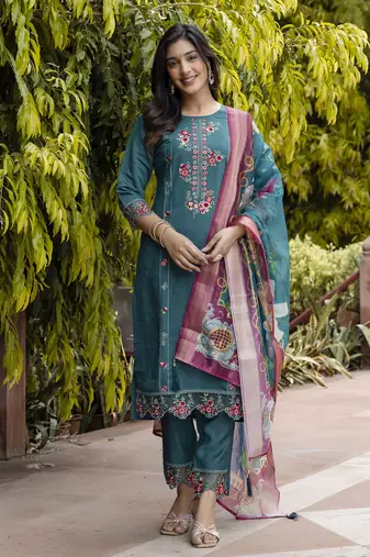 Green embroidered viscose roman silk salwar suit