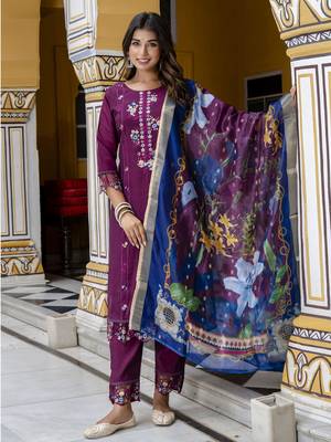 Purple embroidered viscose roman silk salwar suit 1