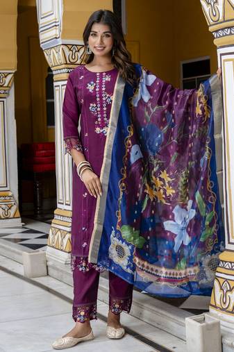 Purple embroidered viscose roman silk salwar suit