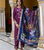 Purple embroidered viscose roman silk salwar suit