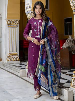 Purple embroidered viscose roman silk salwar suit 2