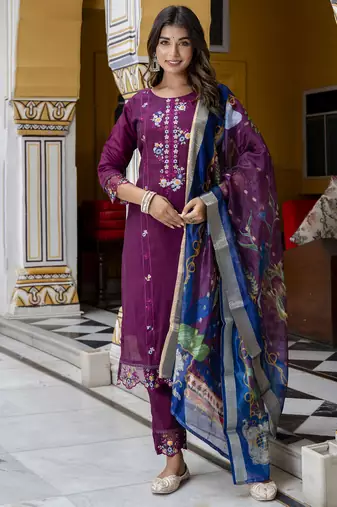 Purple embroidered viscose roman silk salwar suit