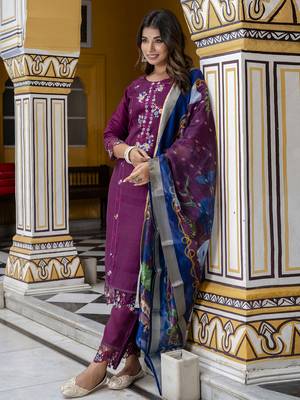 Purple embroidered viscose roman silk salwar suit 3