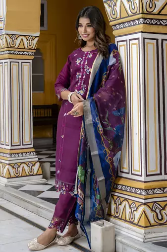 Purple embroidered viscose roman silk salwar suit