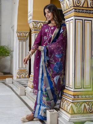 Purple embroidered viscose roman silk salwar suit 4