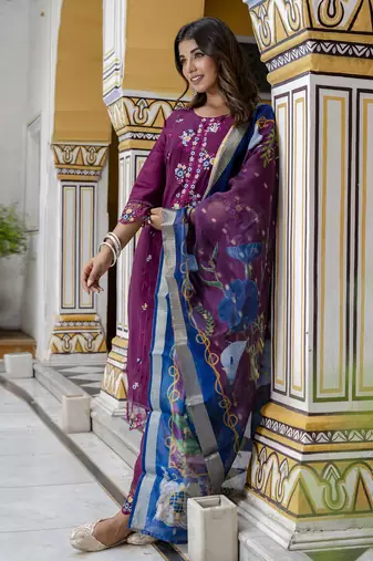 Purple embroidered viscose roman silk salwar suit