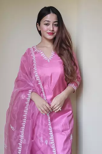 Pink embroidered silk blend salwar suit