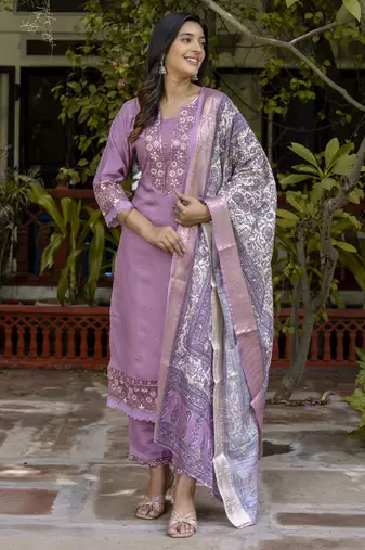 Lavender embroidered silk blend salwar suit