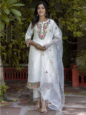 White embroidered silk blend salwar suit 1
