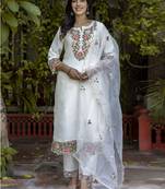 White embroidered silk blend salwar suit