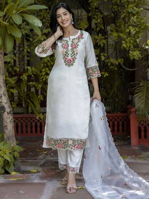 White embroidered silk blend salwar suit 2