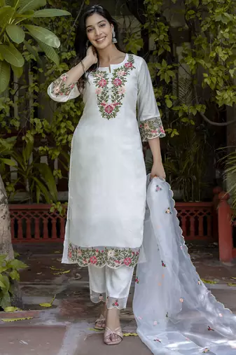 White embroidered silk blend salwar suit
