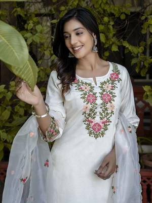 White embroidered silk blend salwar suit 3