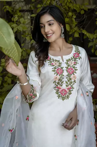 White embroidered silk blend salwar suit