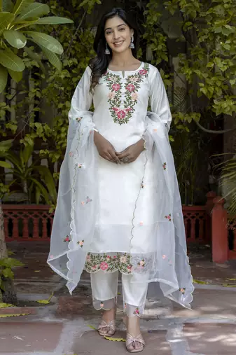 White embroidered silk blend salwar suit