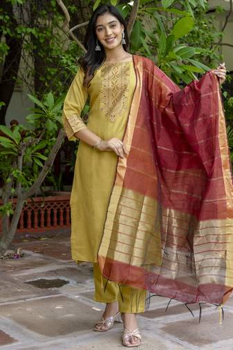 Mehendi embroidered cotton blend salwar suit