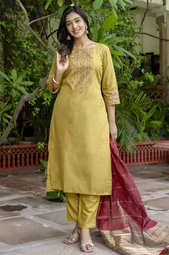 Mehendi embroidered cotton blend salwar suit