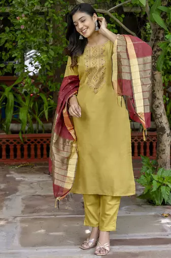 Mehendi embroidered cotton blend salwar suit