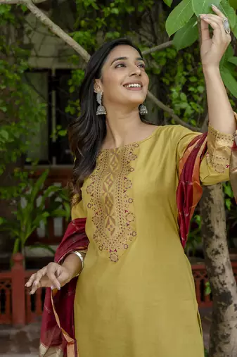 Mehendi embroidered cotton blend salwar suit